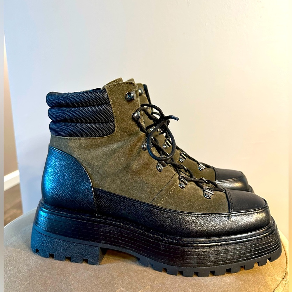 Vince Camuto platform combat boots, army green and black, size 10
